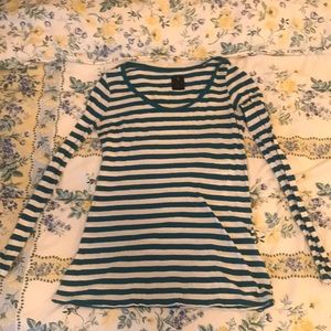 Teal and white striped long-sleeved shirt